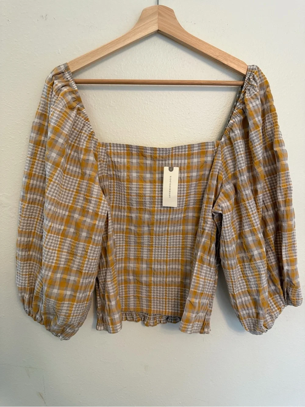 Anthropologie Mustard and Cream Plaid Puff-Sleeve Square-Neck Top
